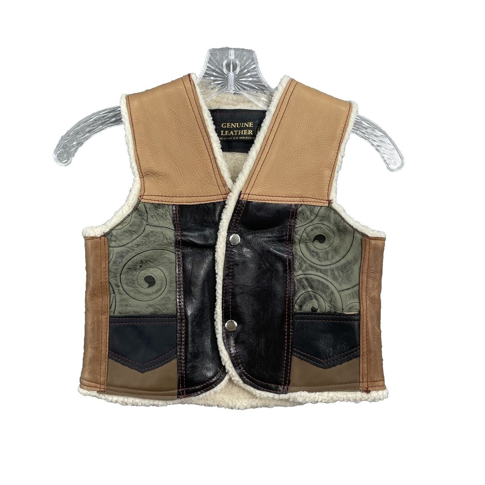 Vintage Genuine Leather Western Vest Youth Boys Large Sherpa Lined Cowboy Rodeo